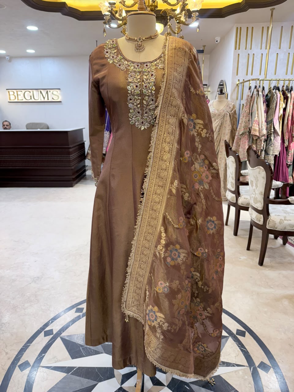 Mocha Brown Floral-Embellished Silk Suit Set