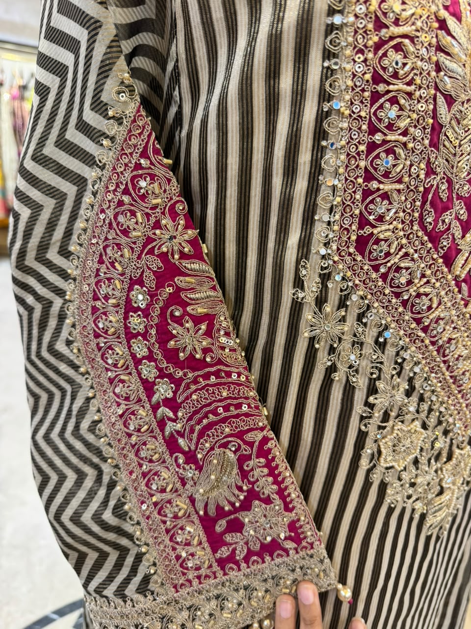 Fuchsia and Black Striped Gold-Embroidered Fusion Suit