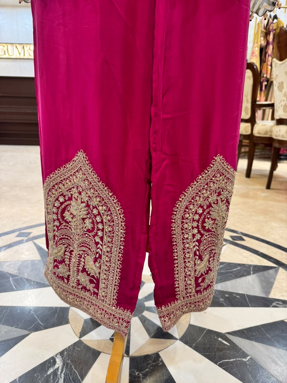 Fuchsia and Black Striped Gold-Embroidered Fusion Suit