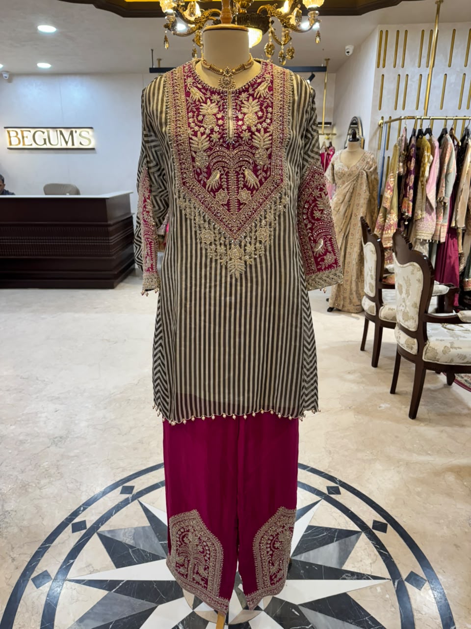 Fuchsia and Black Striped Gold-Embroidered Fusion Suit