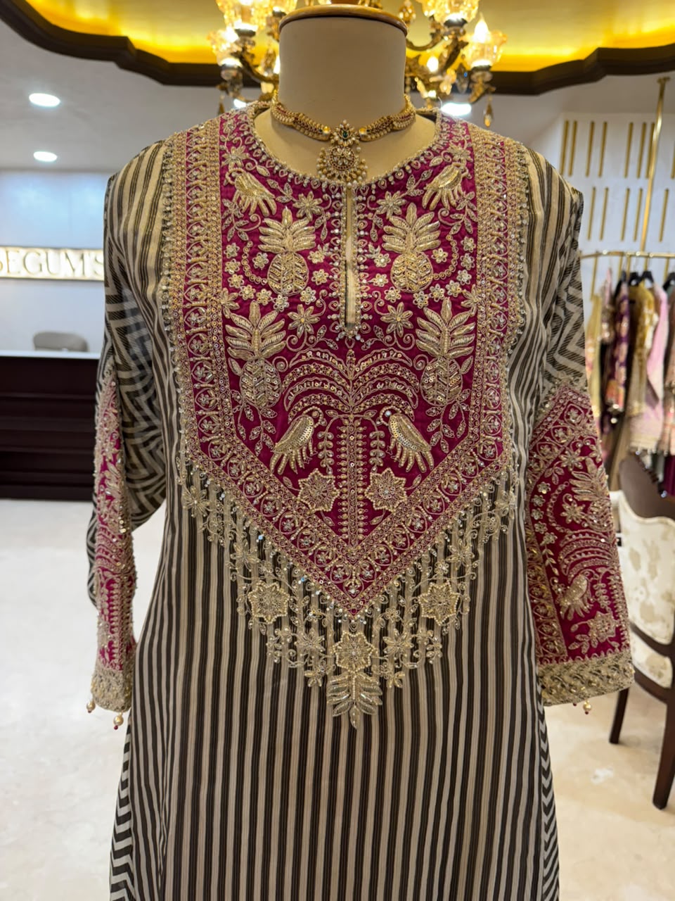 Fuchsia and Black Striped Gold-Embroidered Fusion Suit