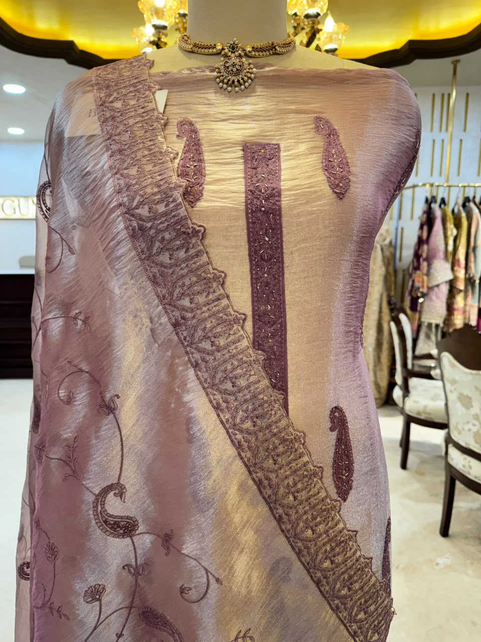 Dusty Mauve Monochromatic Paisley Embroidered Suit Set