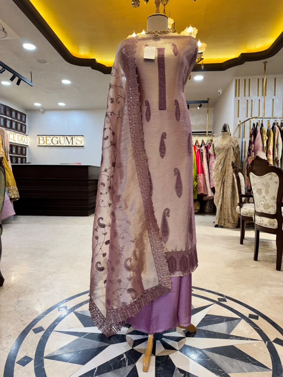 Dusty Mauve Monochromatic Paisley Embroidered Suit Set