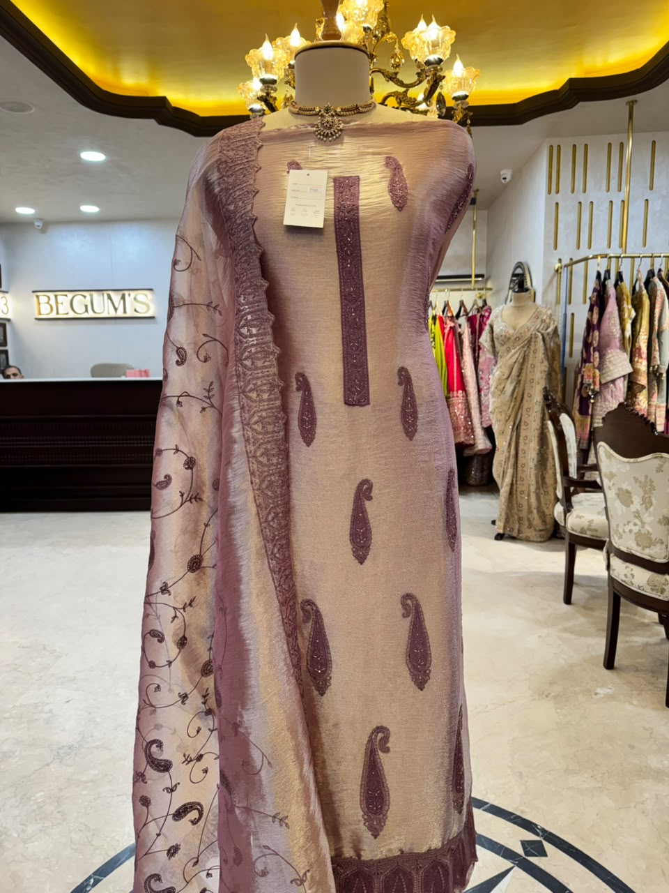 Dusty Mauve Monochromatic Paisley Embroidered Suit Set