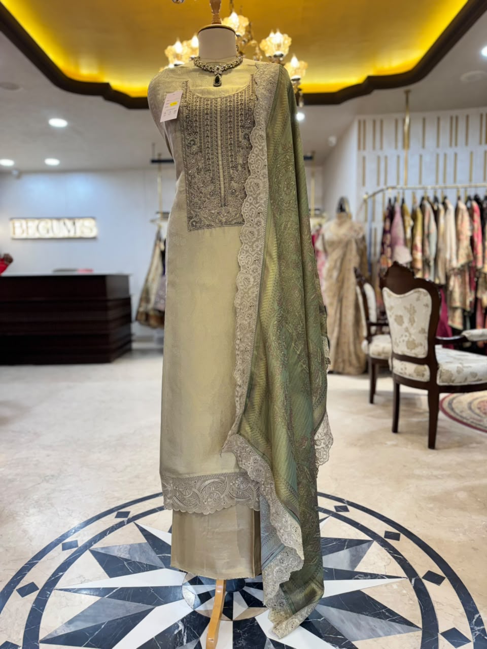 Sage Gold Embroidered Threadwork Anarkali Suit