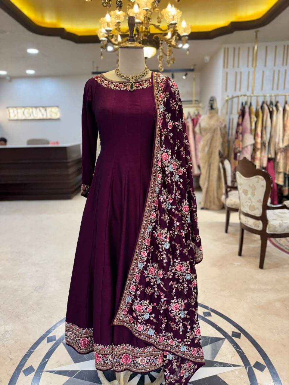 Deep Wine Parsi Work Embroidered Anarkali Suit