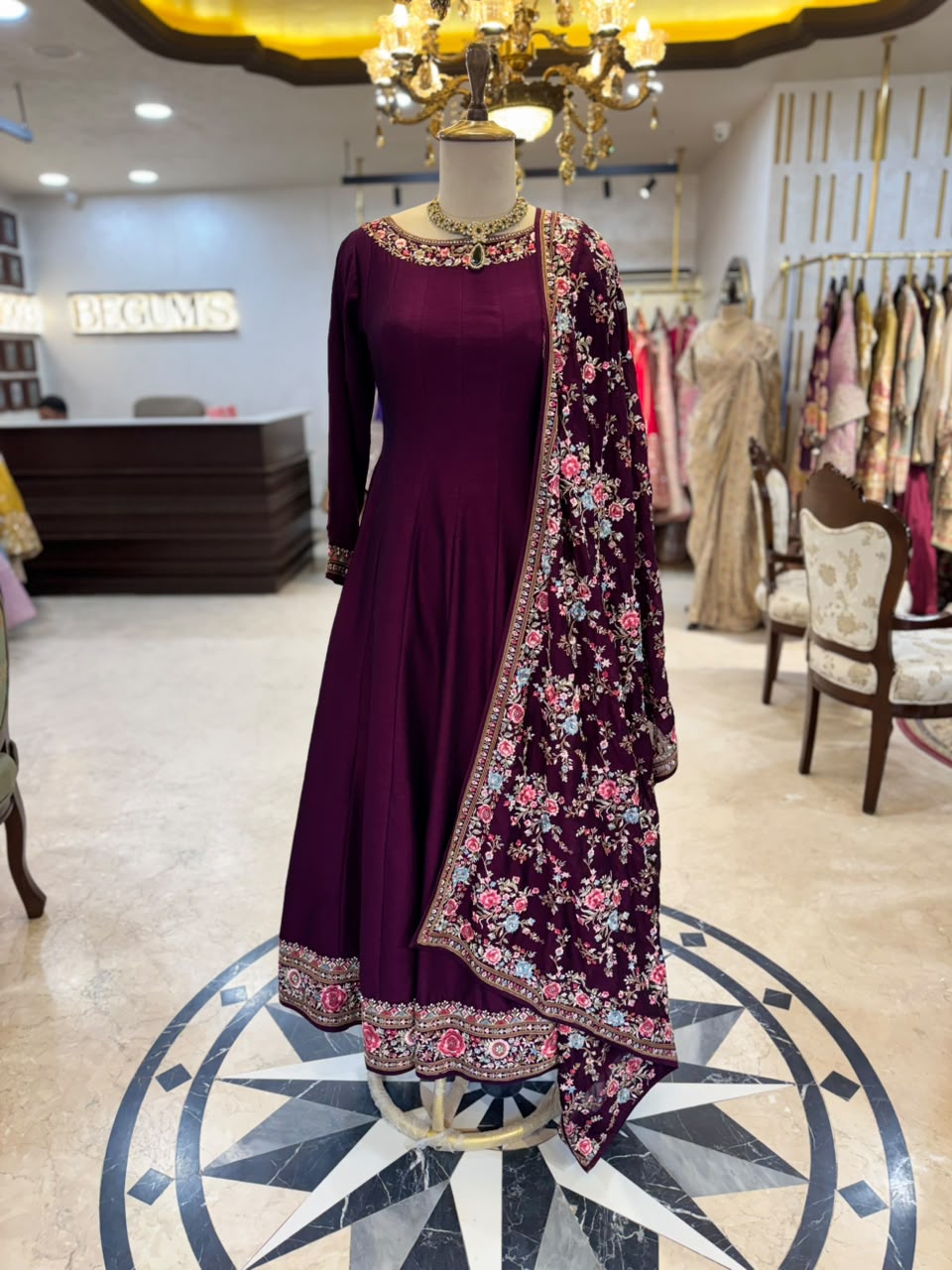 Deep Wine Parsi Work Embroidered Anarkali Suit