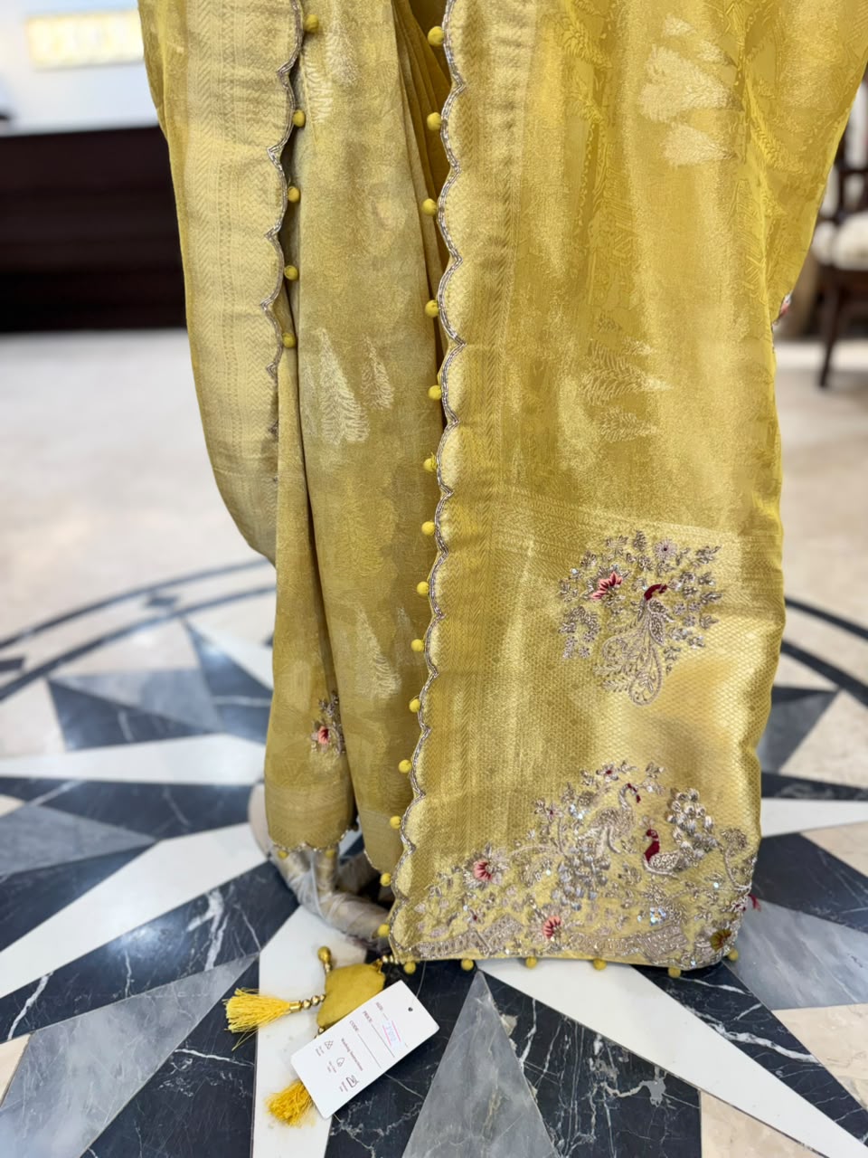 Mustard Gold Embroidered Silk Saree with Scalloped Border