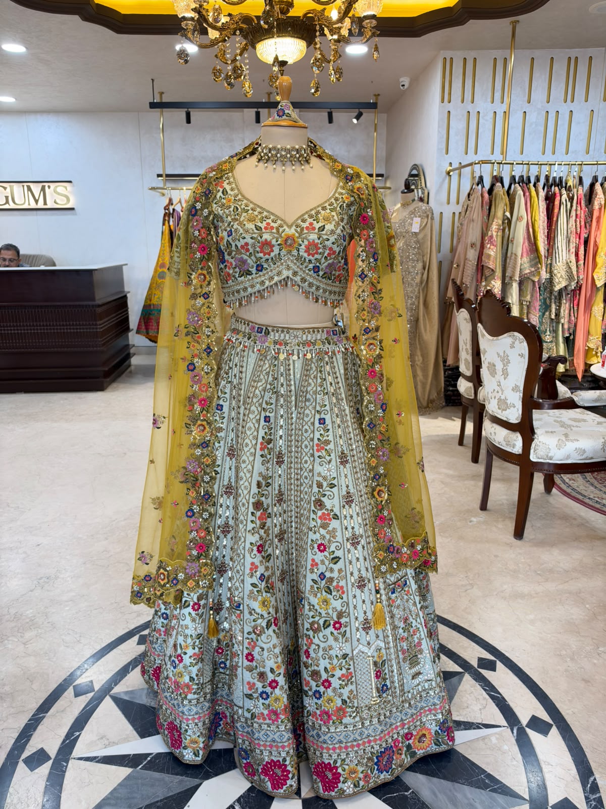 Pastel Blue Multicolored Floral Embroidered Lehenga Set