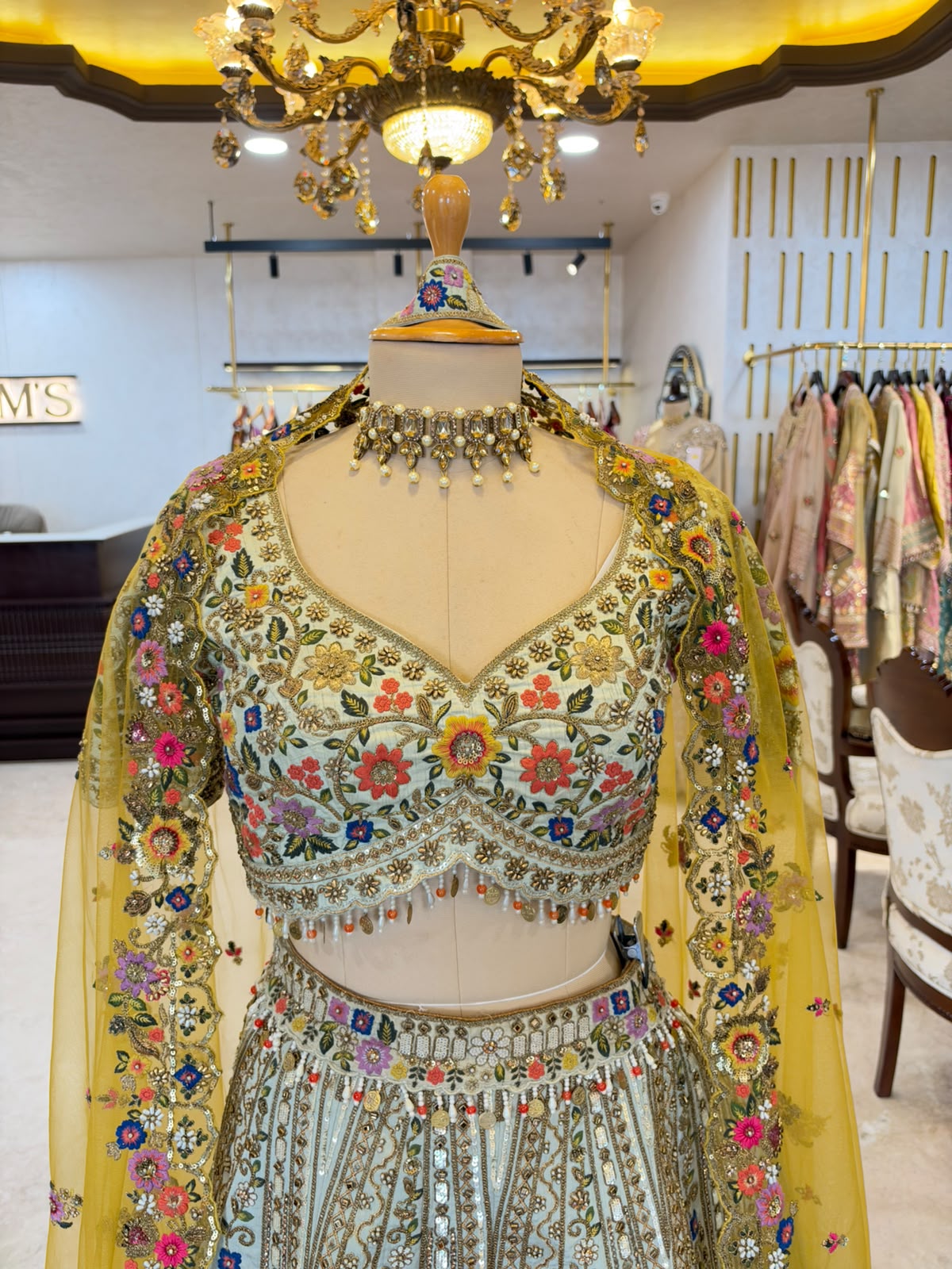 Pastel Blue Multicolored Floral Embroidered Lehenga Set