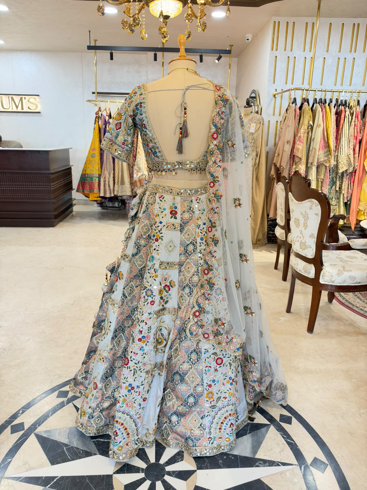 Grey Silk & Net Resham & Mirror-Work Anarkali Suit Set