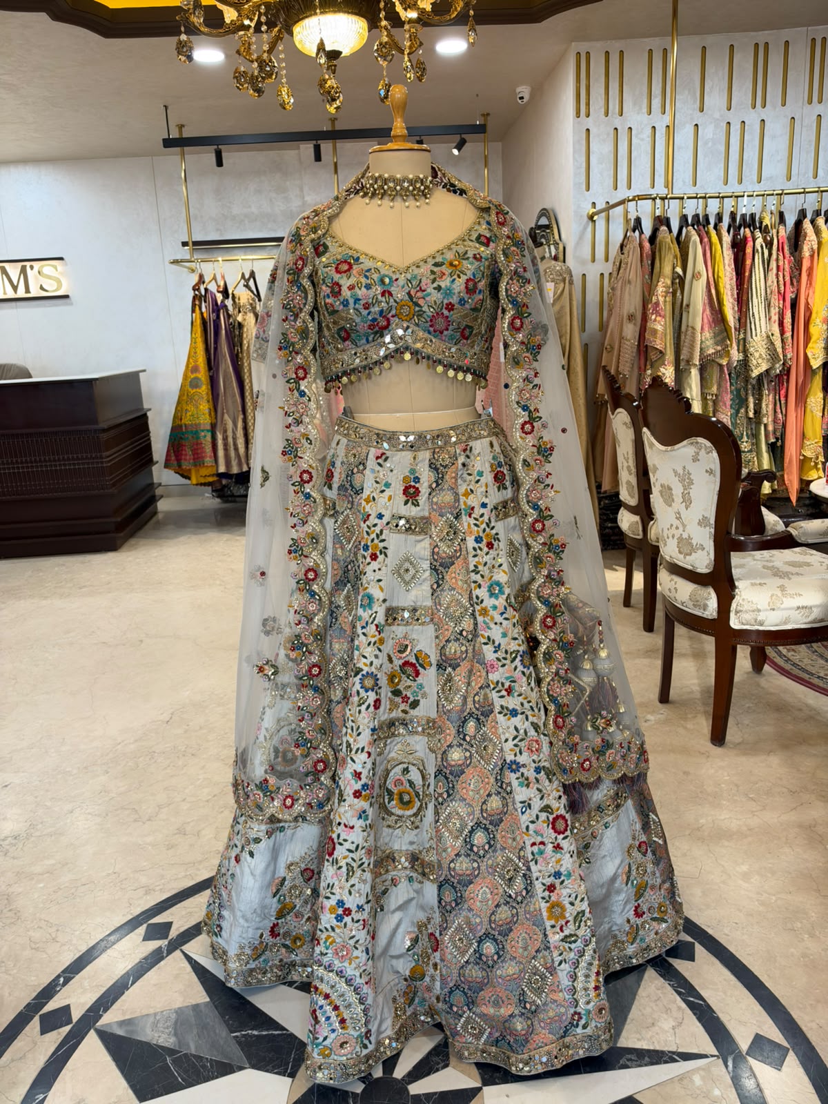 Grey Silk & Net Resham & Mirror-Work Anarkali Suit Set