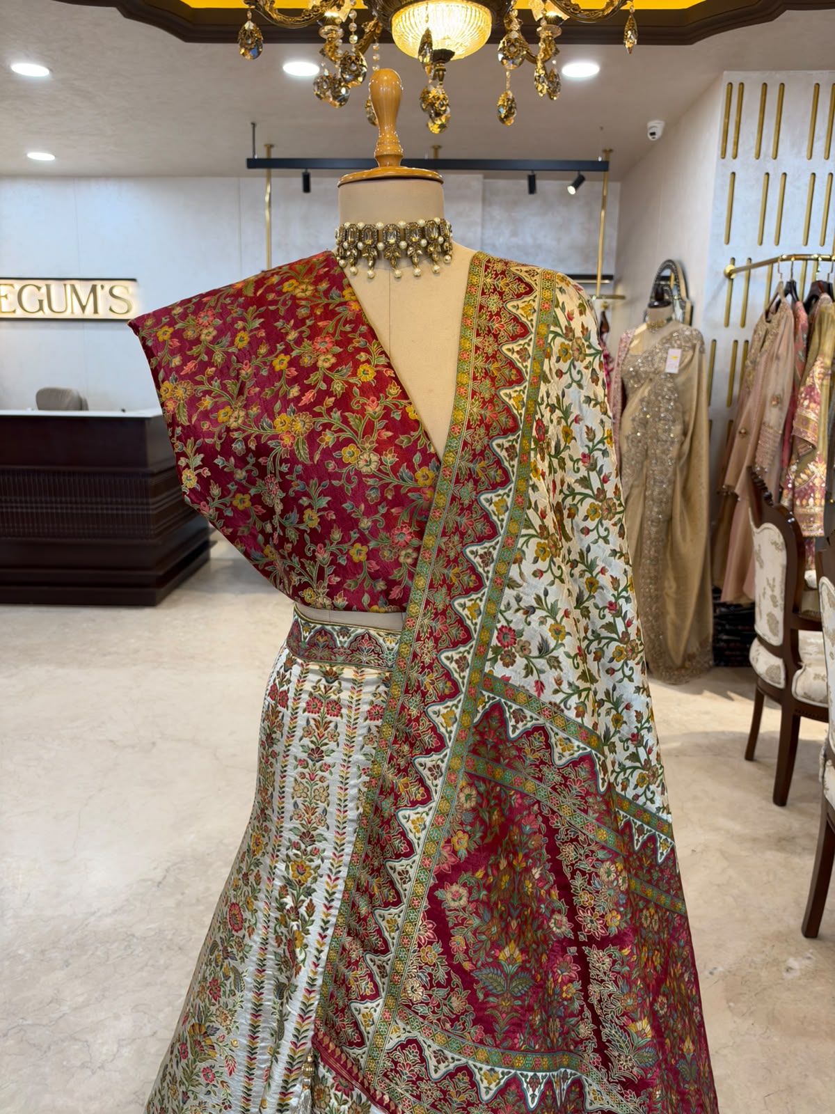 Ivory & Deep Maroon Satin Silk Meenakari Saree Set