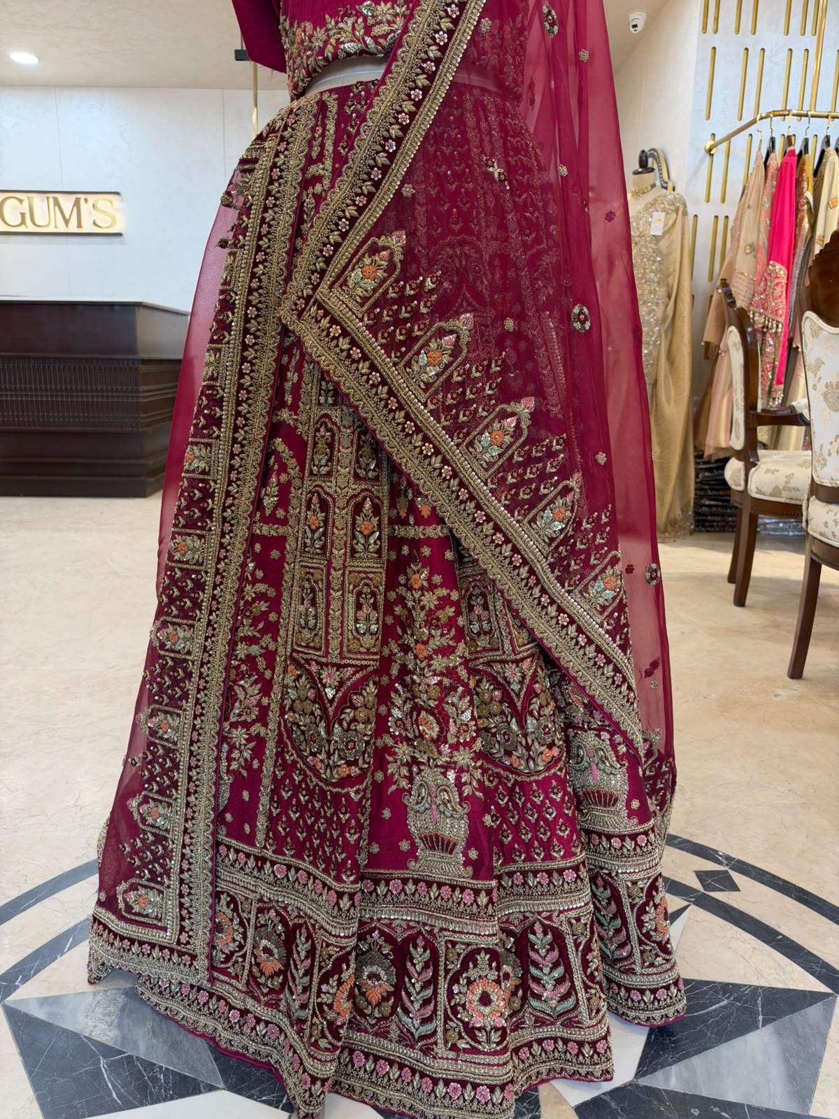 Deep Maroon Pure Raw Silk & Net Bridal Anarkali Suit Set