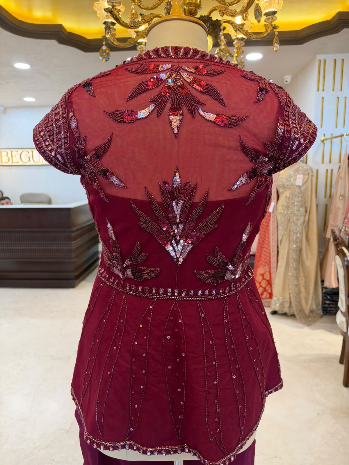 Wine Maroon Sequin Peplum Suit Set