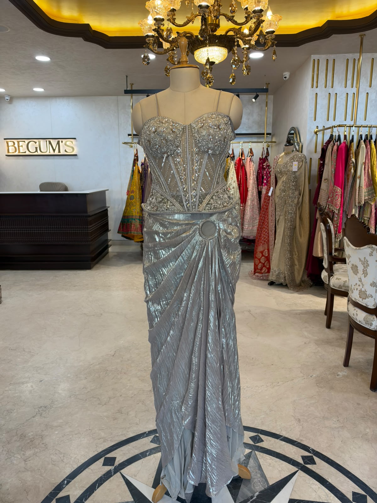 Silver-Grey Embellished Corset Saree Set