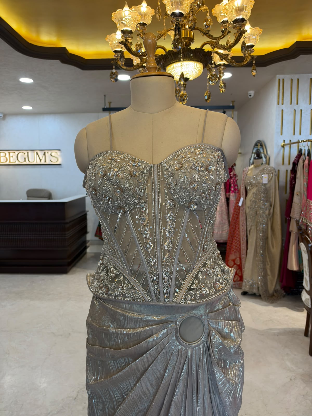 Silver-Grey Embellished Corset Saree Set