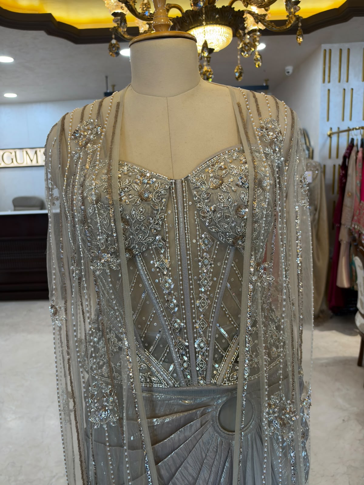 Silver-Grey Embellished Corset Saree Set