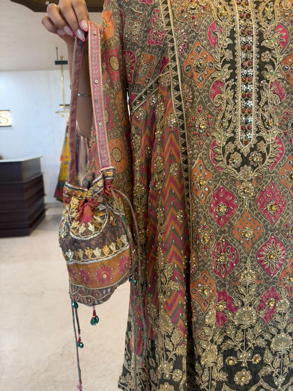Grey, Pink & Orange Embroidered Farshi Salwar Suit Set