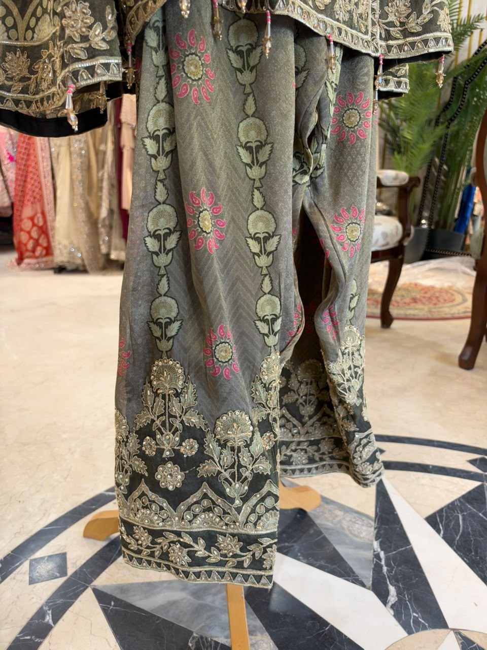 Grey, Pink & Orange Embroidered Farshi Salwar Suit Set