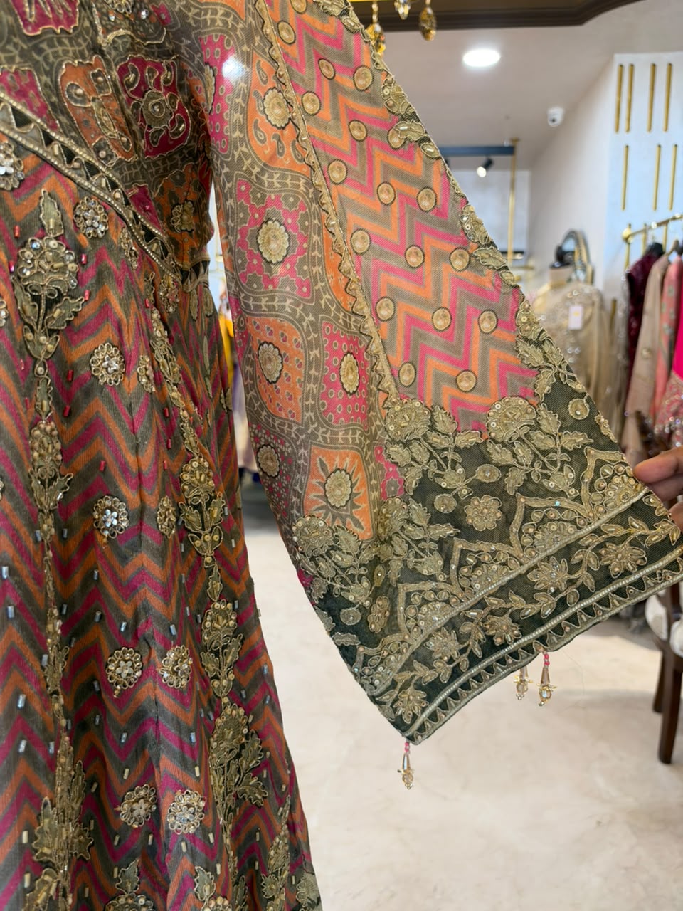 Grey, Pink & Orange Embroidered Farshi Salwar Suit Set