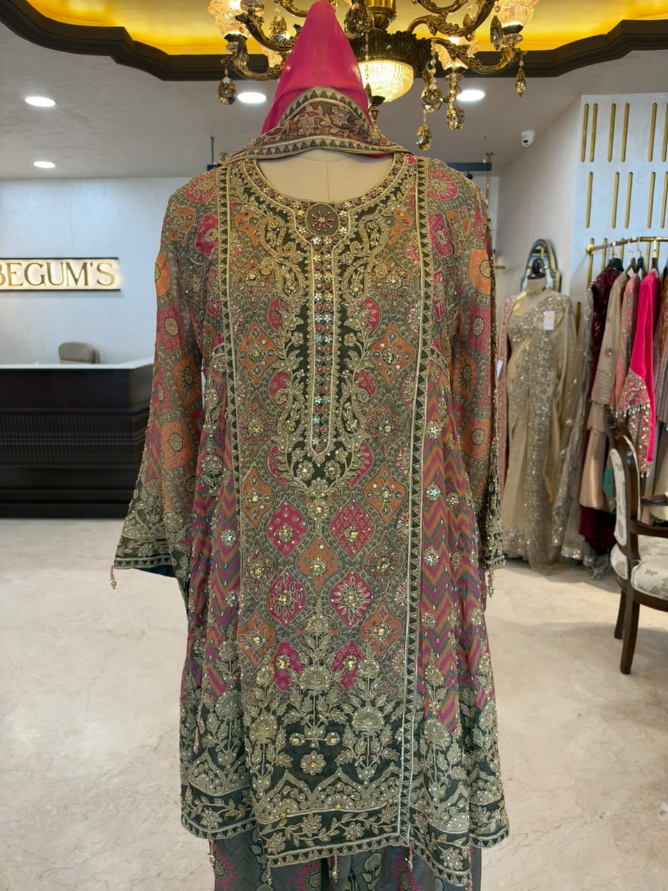 Grey, Pink & Orange Embroidered Farshi Salwar Suit Set