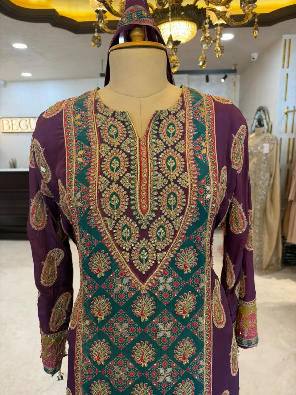 Purple & Teal Embroidered Farshi Salwar Suit Set