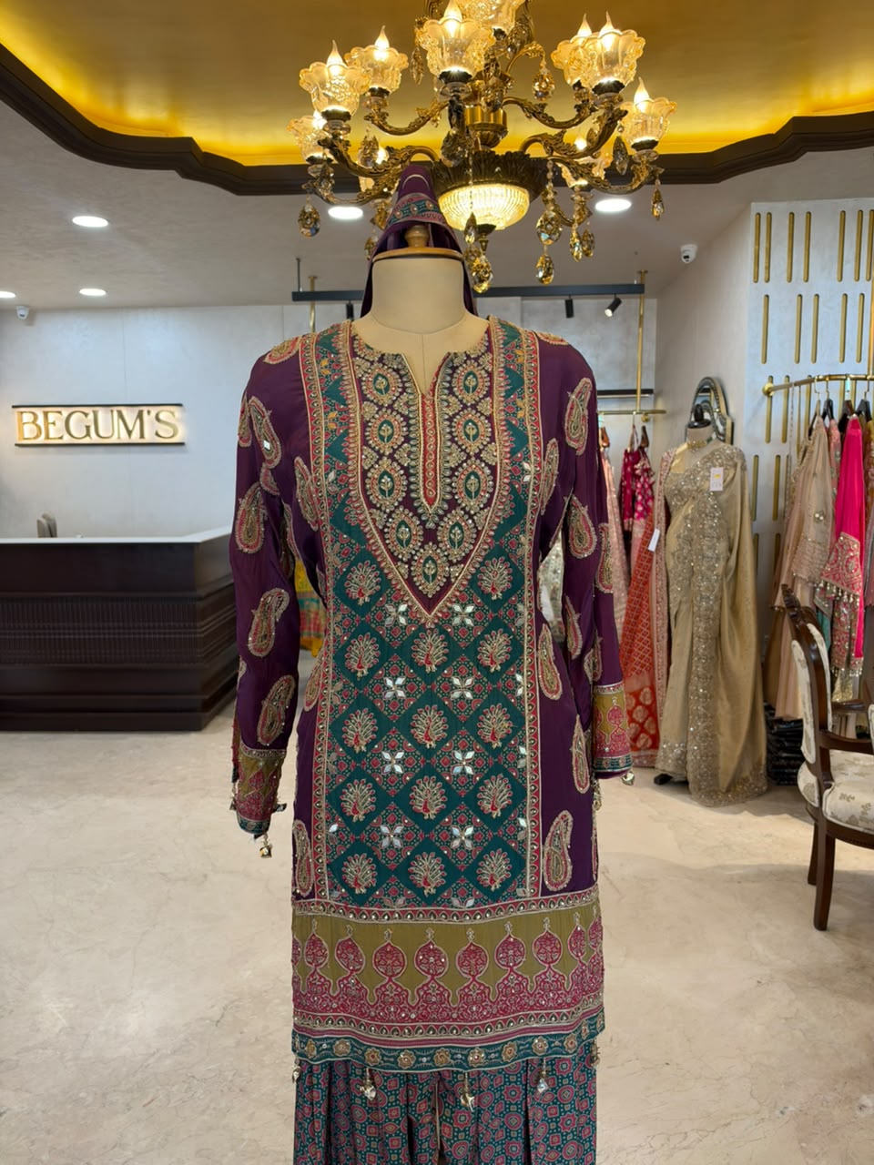 Purple & Teal Embroidered Farshi Salwar Suit Set