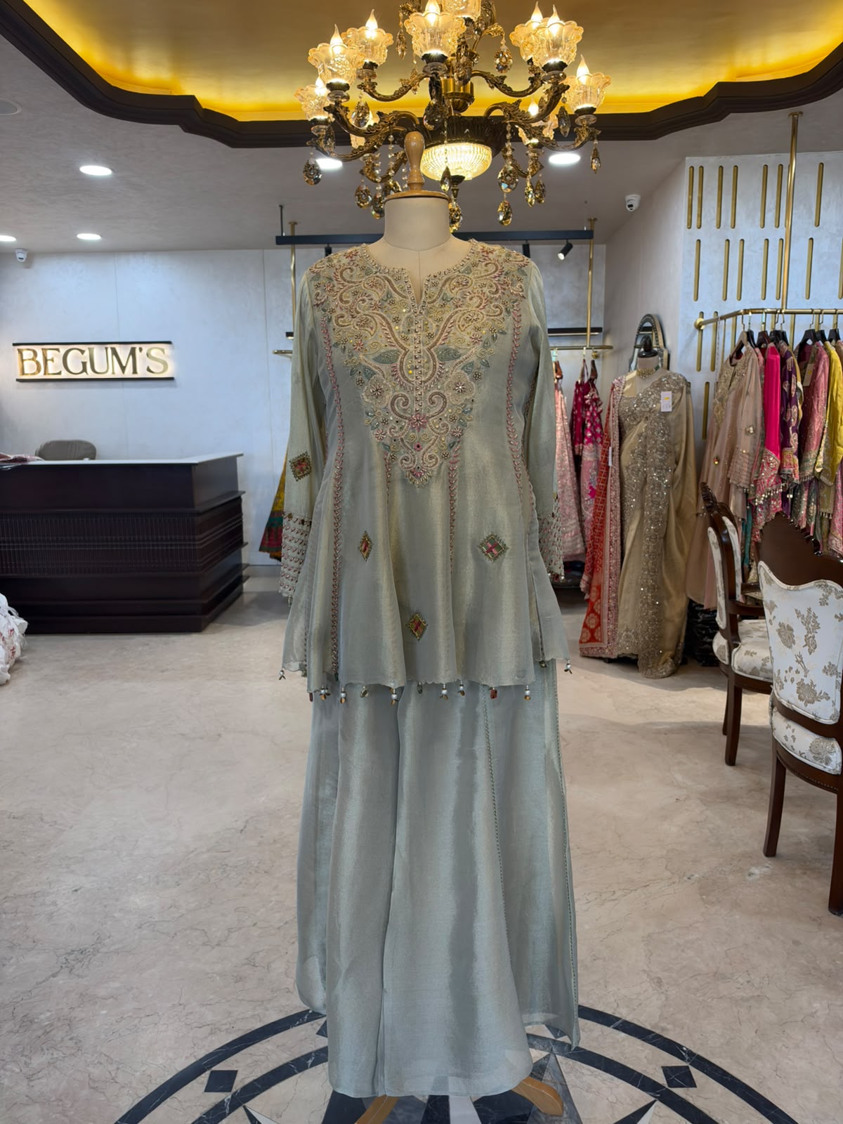 Sage Green Embroidered Choga Set