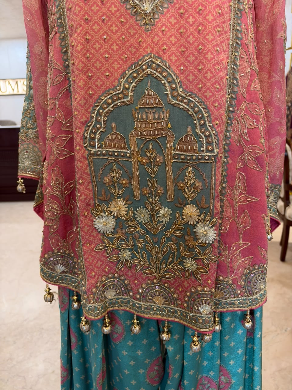 Pink & Teal Embroidered Farshi Salwar Suit Set