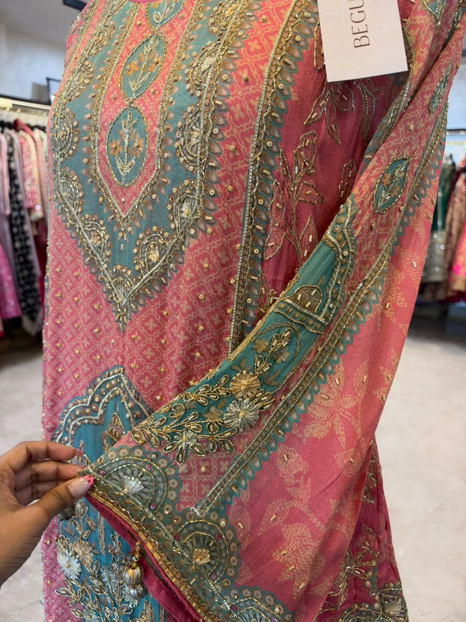 Pink & Teal Embroidered Farshi Salwar Suit Set