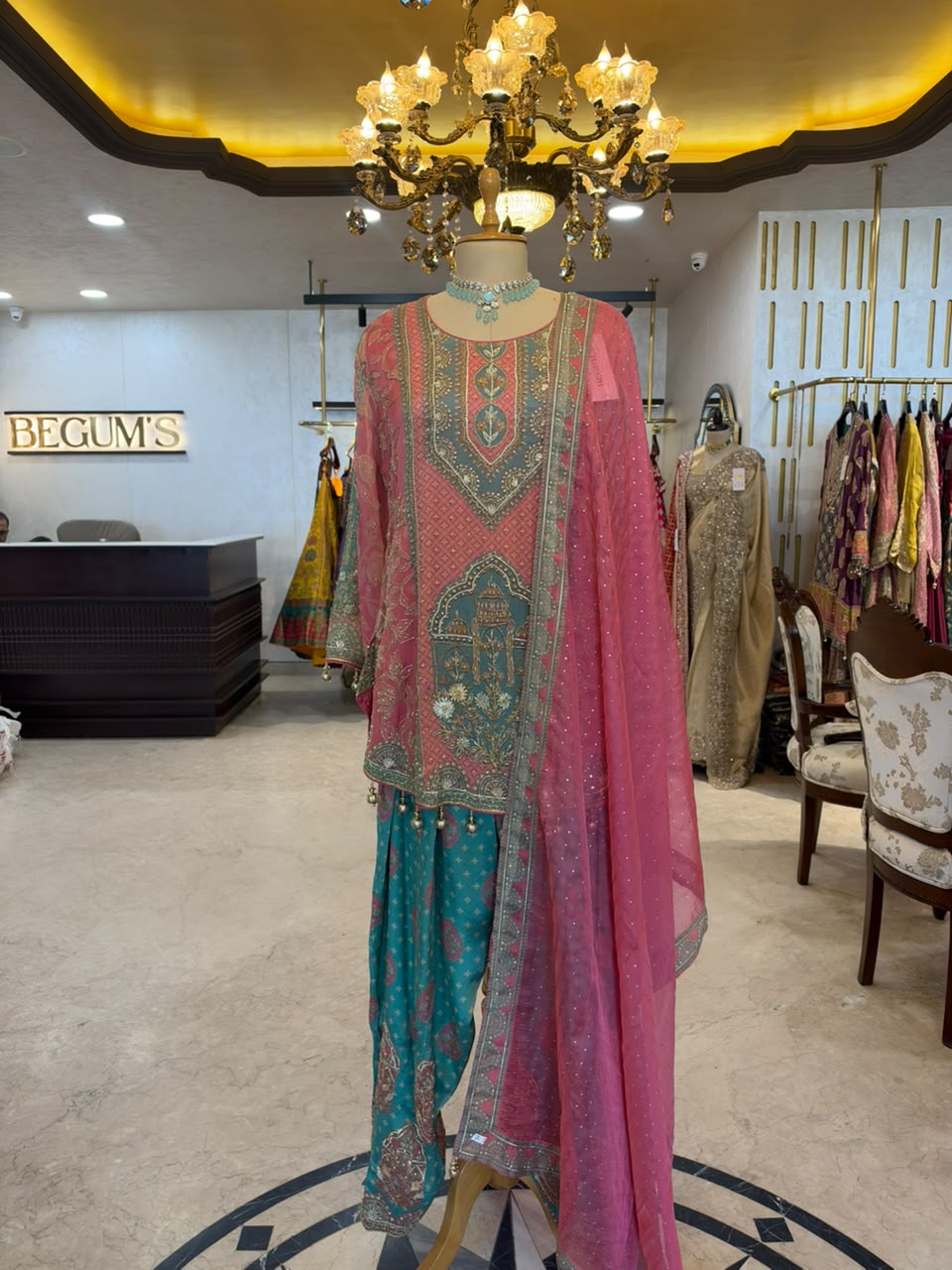 Pink & Teal Embroidered Farshi Salwar Suit Set