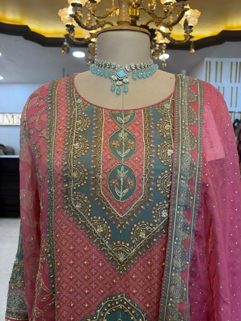 Pink & Teal Embroidered Farshi Salwar Suit Set