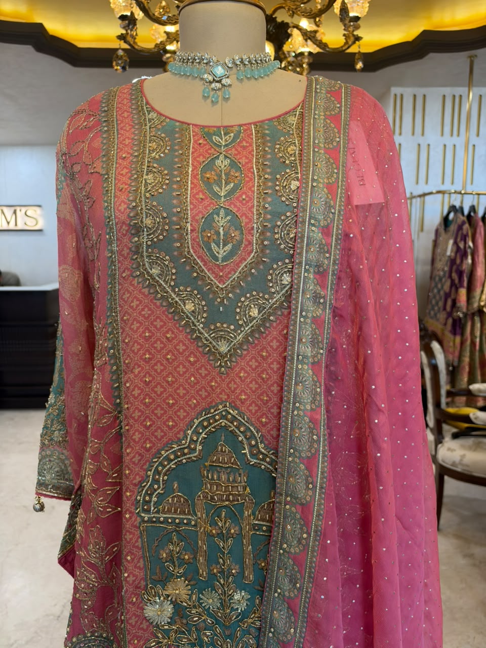 Pink & Teal Embroidered Farshi Salwar Suit Set
