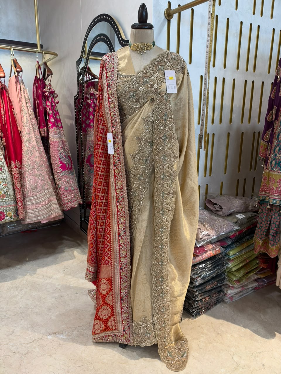 Champagne Gold & Red Embroidered Saree with Dupatta Set