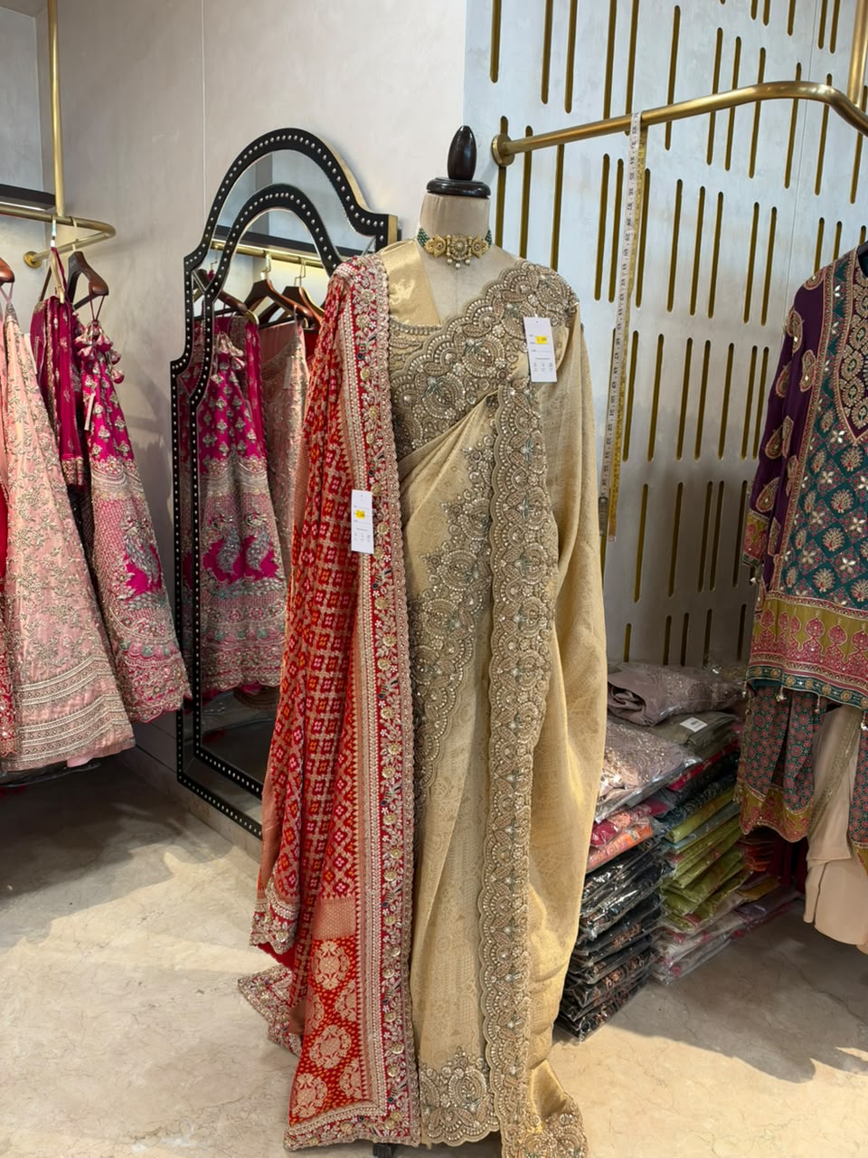 Champagne Gold & Red Embroidered Saree with Dupatta Set