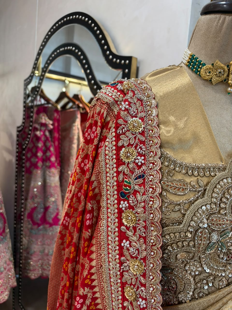 Champagne Gold & Red Embroidered Saree with Dupatta Set