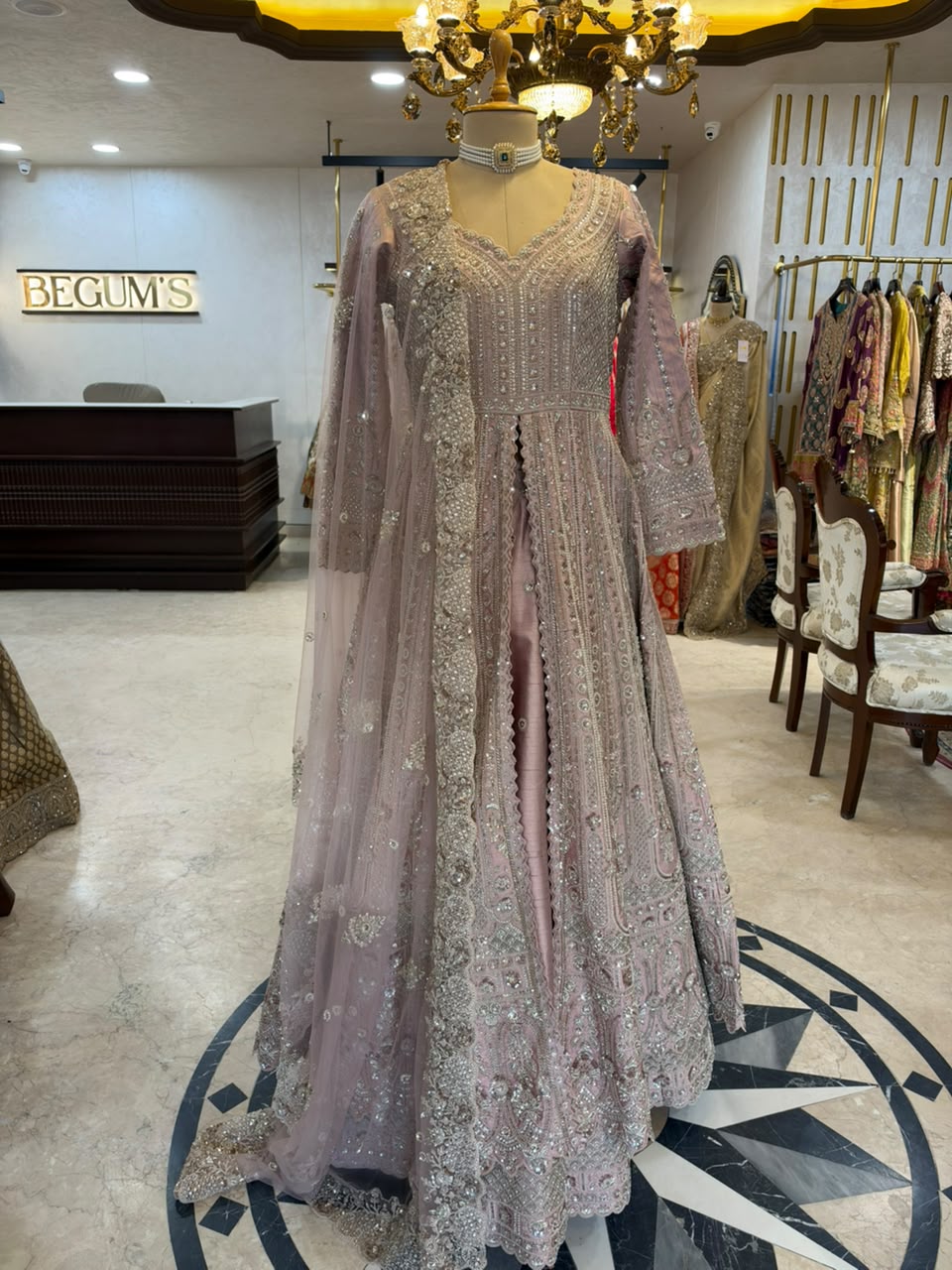 Dusty Pink Embroidered Anarkali & Lehenga Set