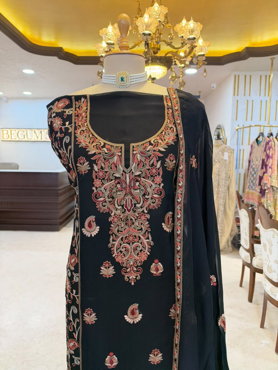 Black Floral Embroidered Festive Suit Set