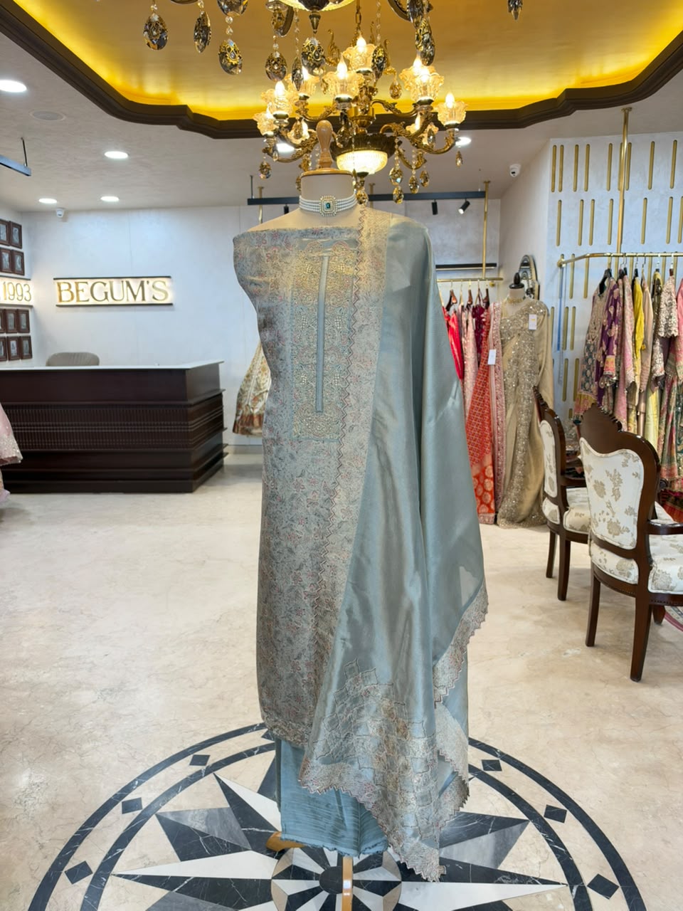 Powder Blue Embroidered & Printed Festive Suit Set