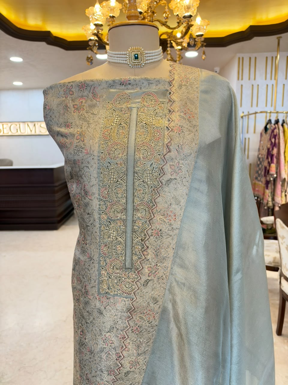 Powder Blue Embroidered & Printed Festive Suit Set