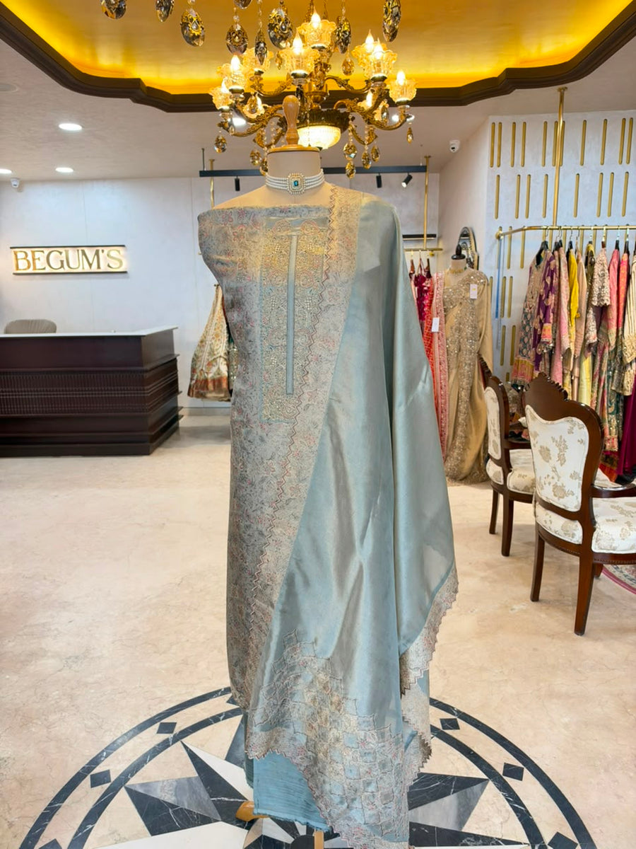 Powder Blue Embroidered & Printed Festive Suit Set