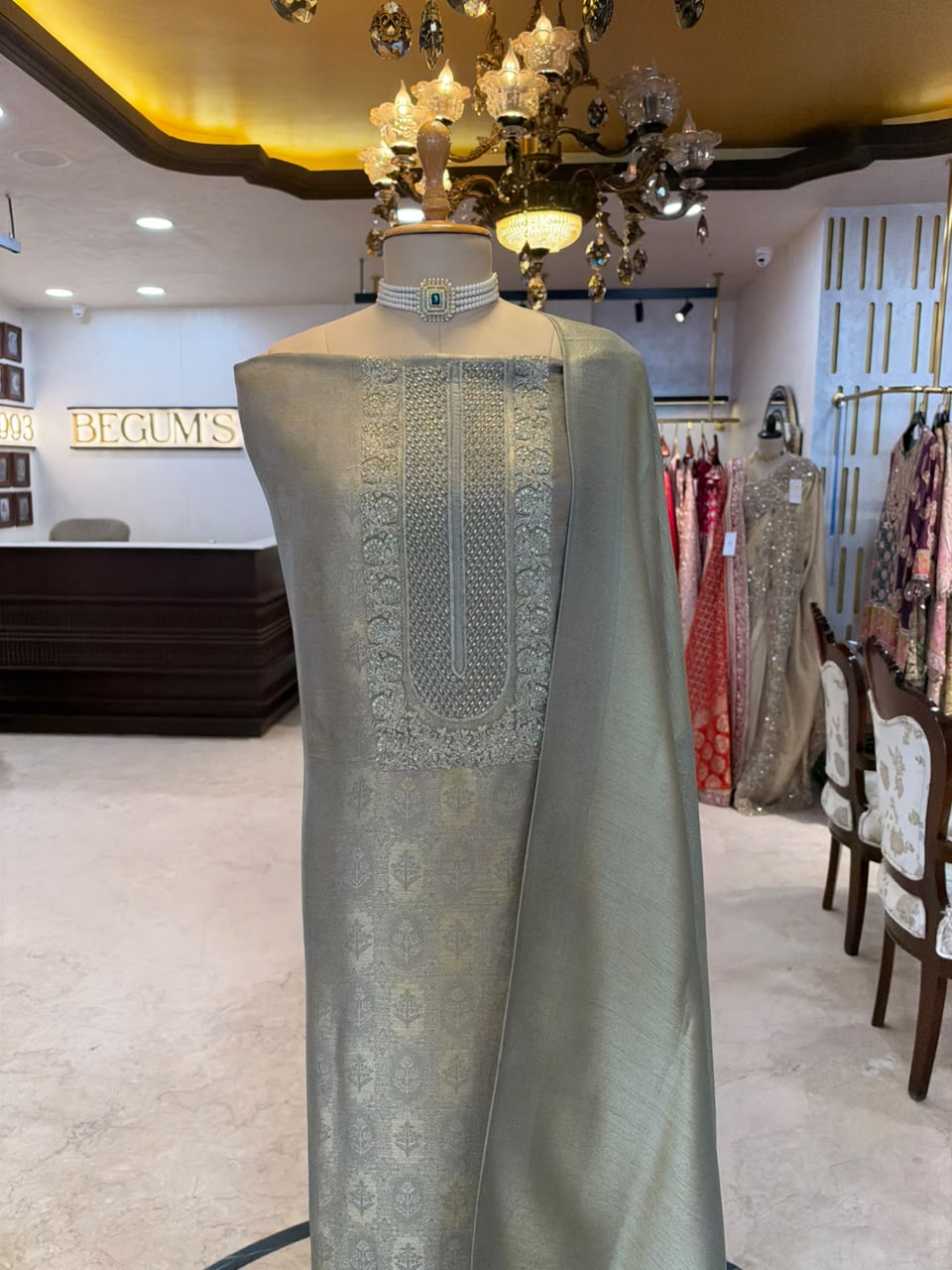 Sage Green & Champagne Embroidered Festive Suit Set