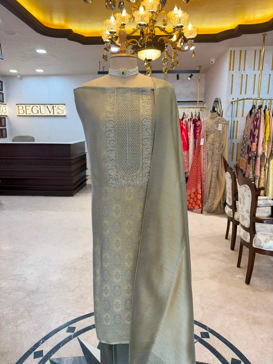 Sage Green & Champagne Embroidered Festive Suit Set