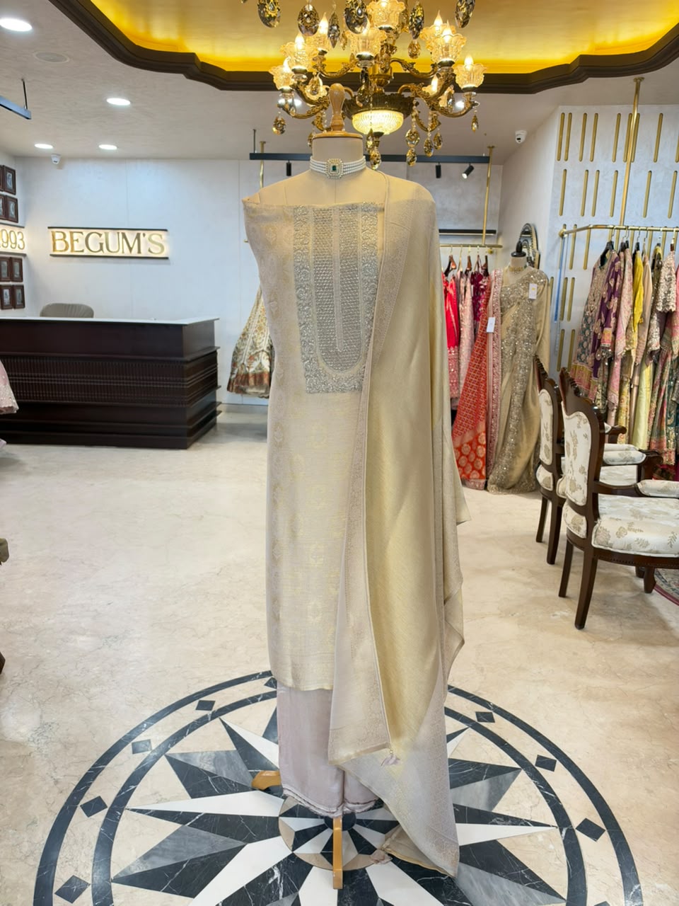 Ivory & Champagne Embroidered Festive Suit Set