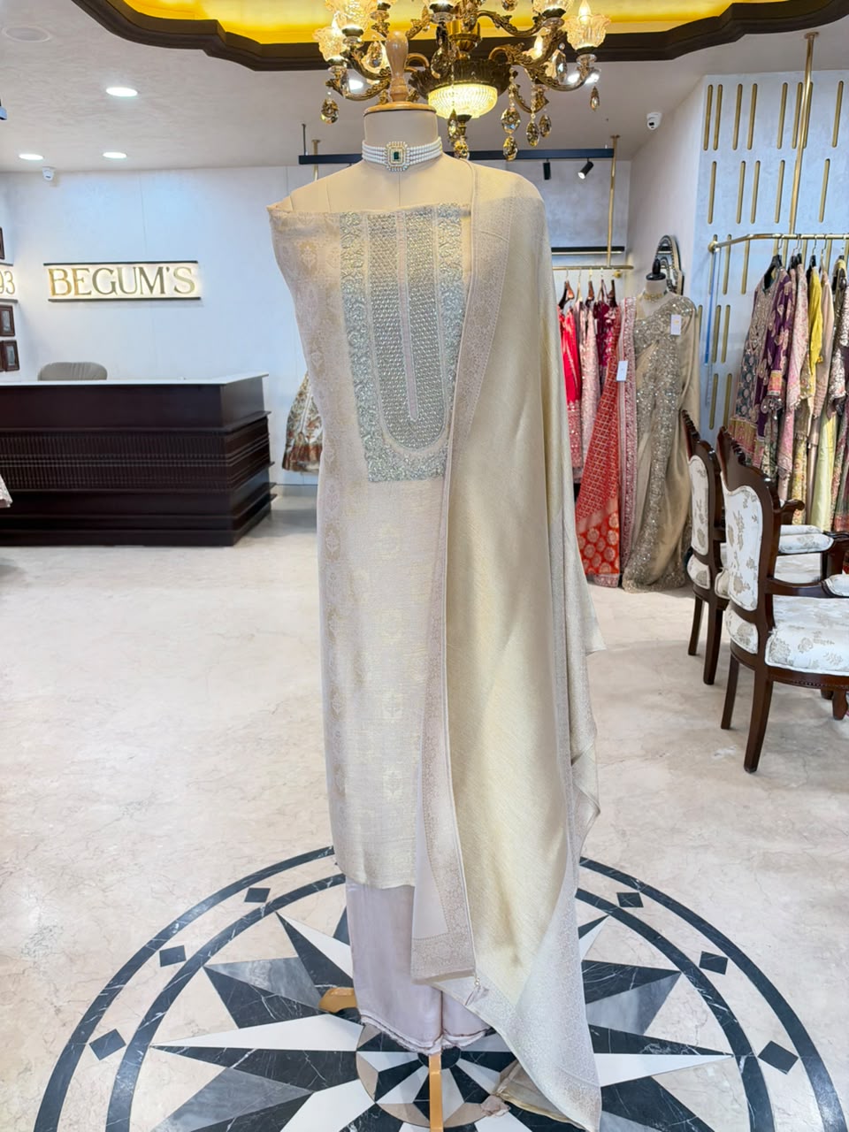 Ivory & Champagne Embroidered Festive Suit Set