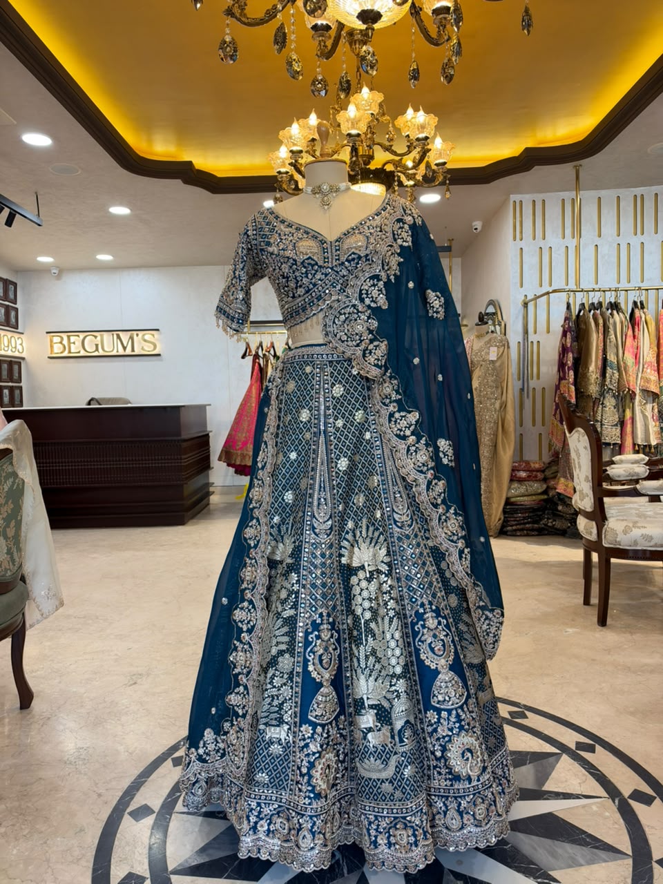 Peacock Blue Maheshwari Silk Embroidered Bridal Lehenga Set