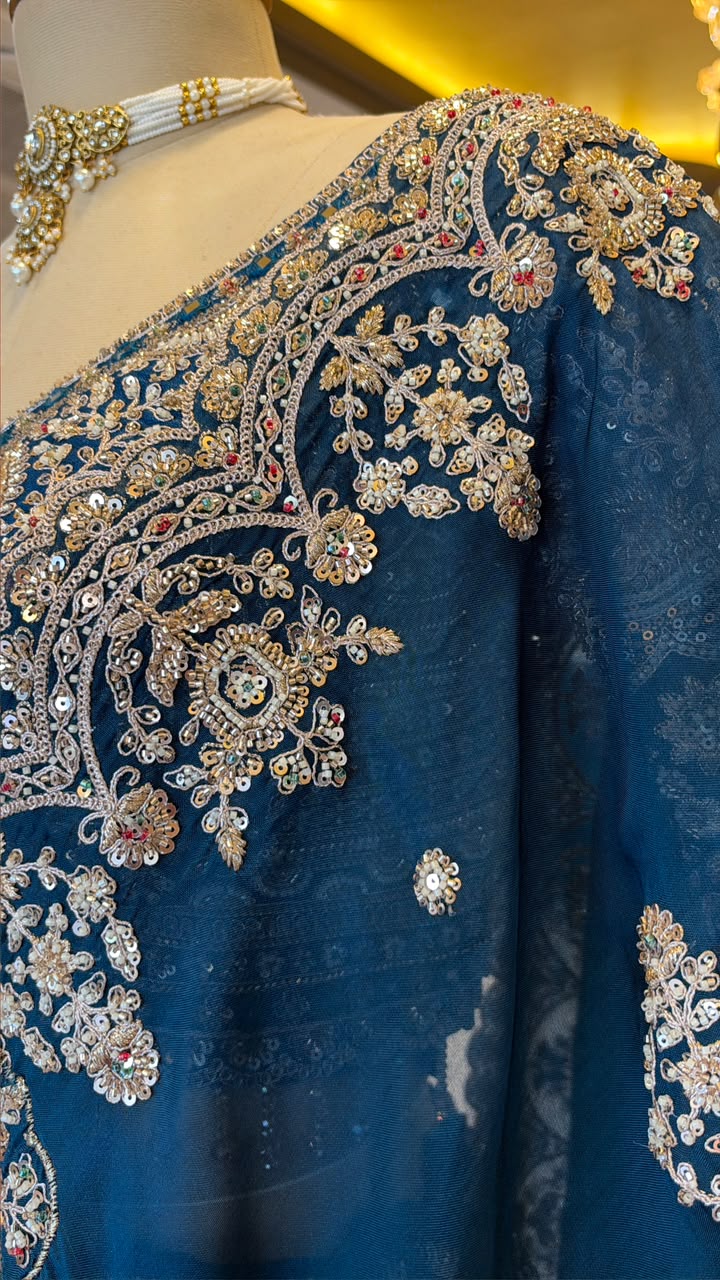 Peacock Blue Maheshwari Silk Embroidered Bridal Lehenga Set