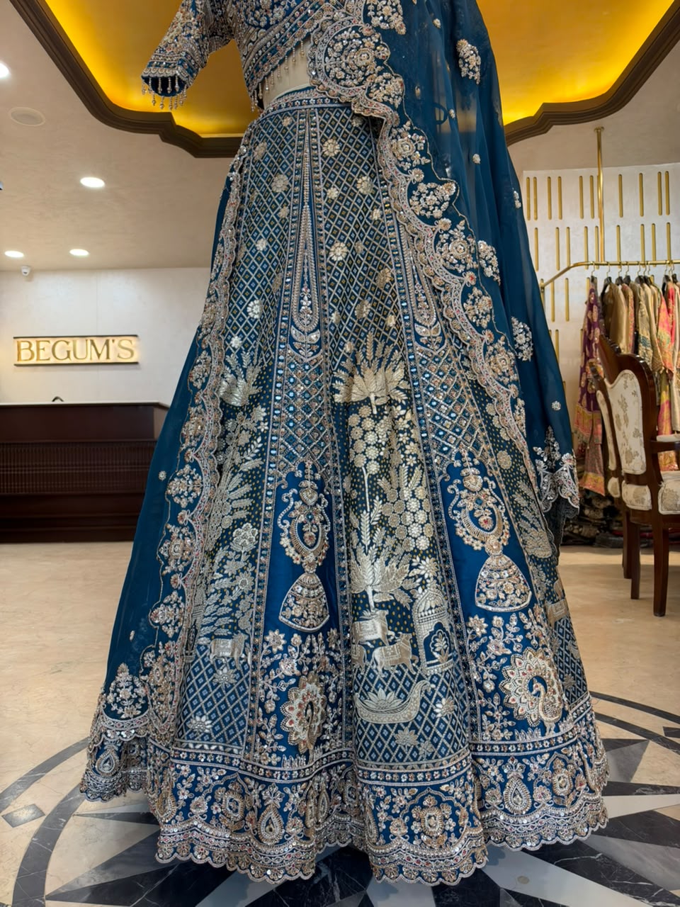 Peacock Blue Maheshwari Silk Embroidered Bridal Lehenga Set