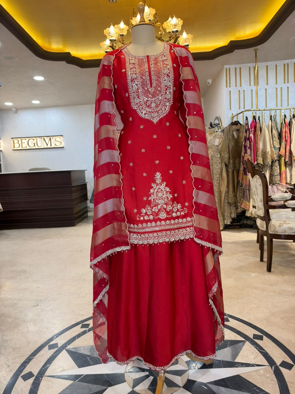 Red Satin Silk Embroidered Sharara Set